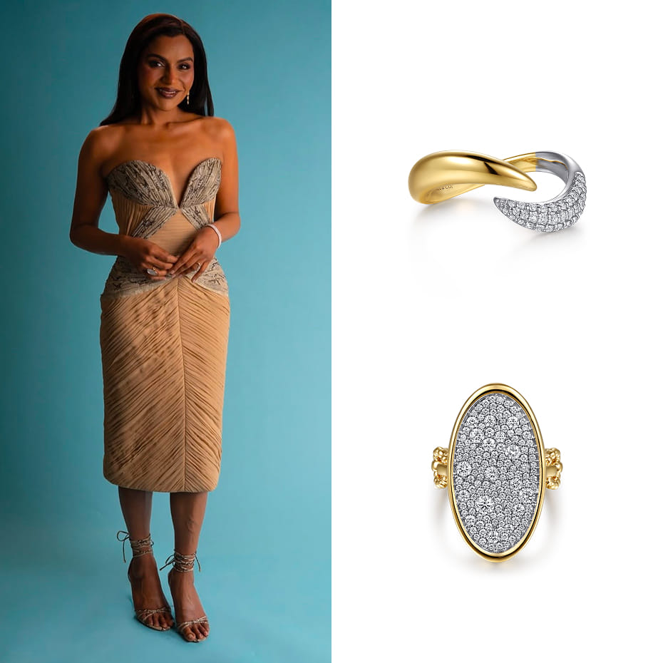 Mindy Kaling appeared on Jimmy Kimmel Live to promote Not Suitable for Work, wearing Gabriel & Co. diamond statement rings in mixed gold, including a Bujukan Pavé signet ring.