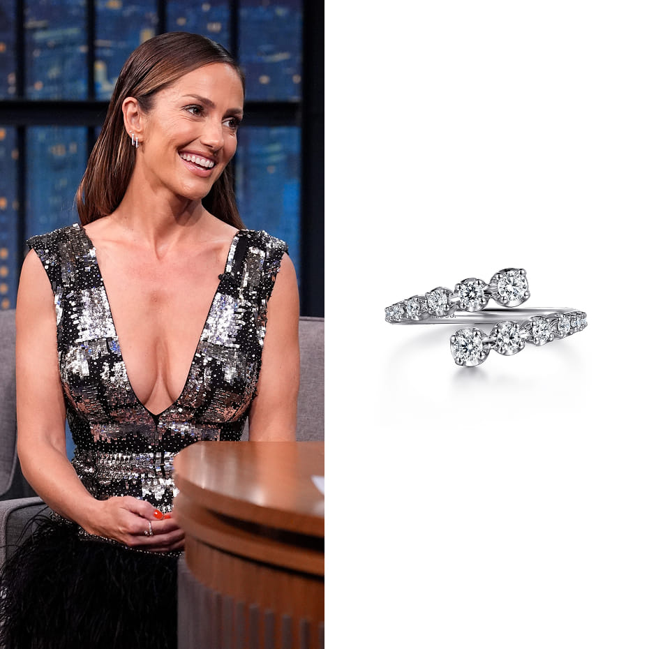 Minka Kelly appeared on Late Night with Seth Meyers to promote Season 2 of Ransom Canyon, wearing a Gabriel & Co. diamond bypass ring in white gold.
