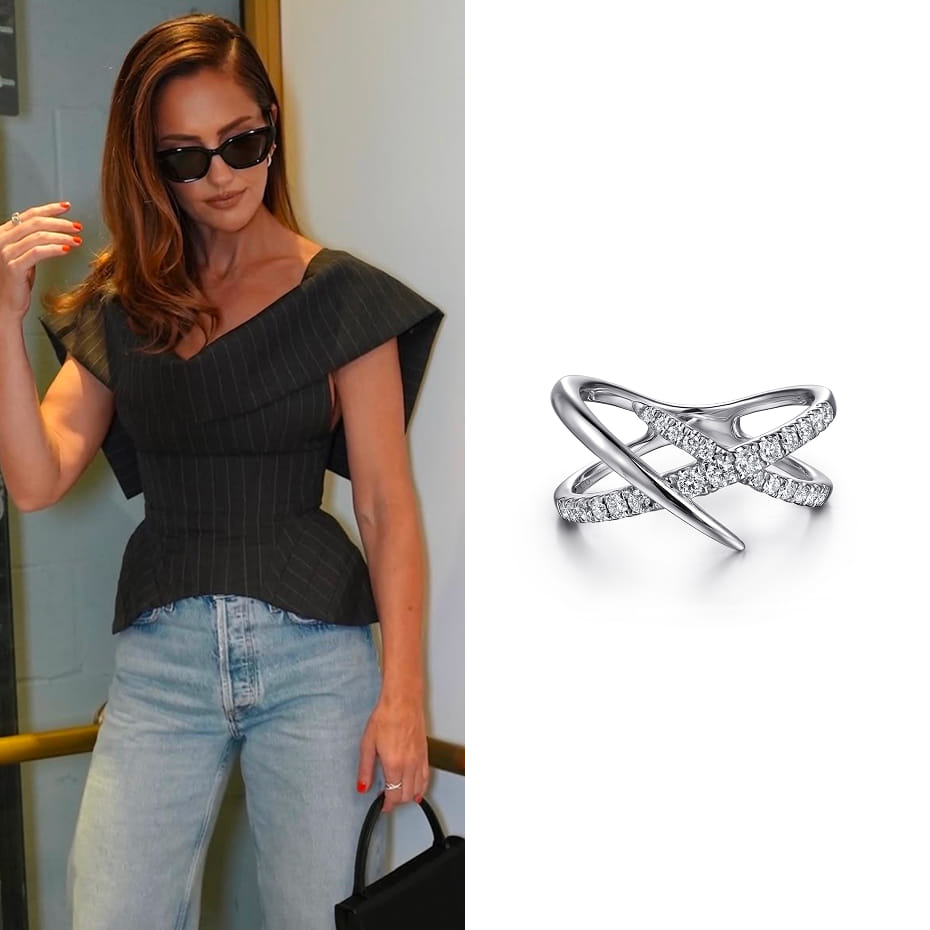 Minka Kelly had a press day in New York City for Season 2 of Ransom Canyon, wearing a Gabriel & Co. graduating diamond spike crisscross ring in white gold.