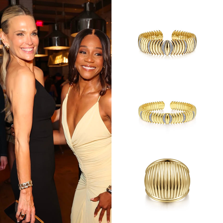 Molly Sims attended the Sports Illustrated Swimsuit Dinner, wearing Gabriel & Co. bangles and a statement ring in yellow gold.