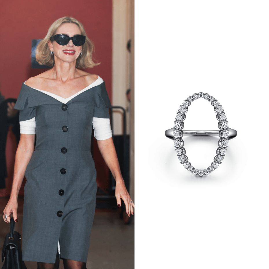 Actress, Naomi Watts, wearing a Gabriel & Co. ring to her press appearance on 'Live with Kelly and Mark' 