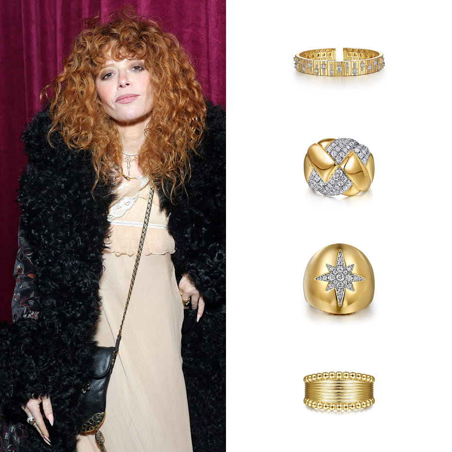Natasha Lyonne attended Nominees Night, an official Golden Week event, wearing Gabriel & Co. jewelry in yellow and mixed golds.