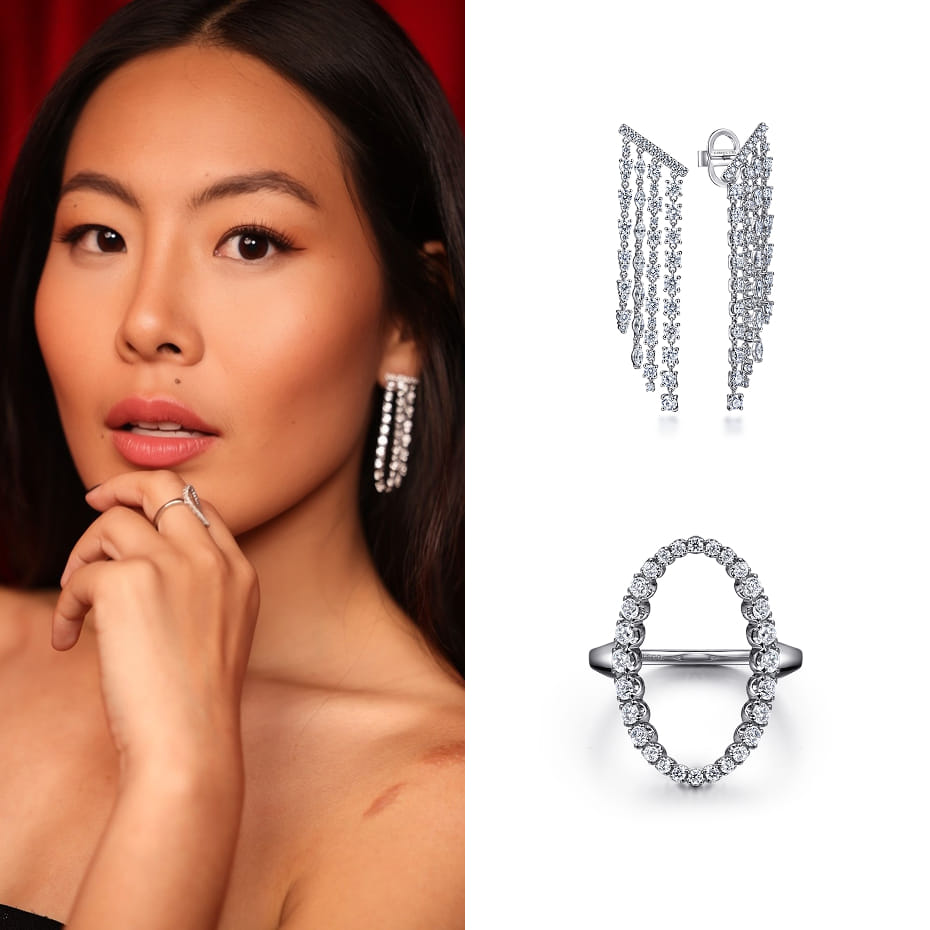 Actress, Nicole Kang, wearing Gabriel & Co. earrings and ring to the Clarin’s Event and Red Carpet. 