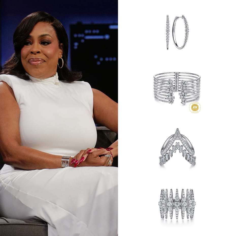 Actress Niecy Nash made an appearance on Jimmy Kimmel Live to promote Big Age, wearing Gabriel & Co. diamond hoops, a bangle, and statement rings in white gold.