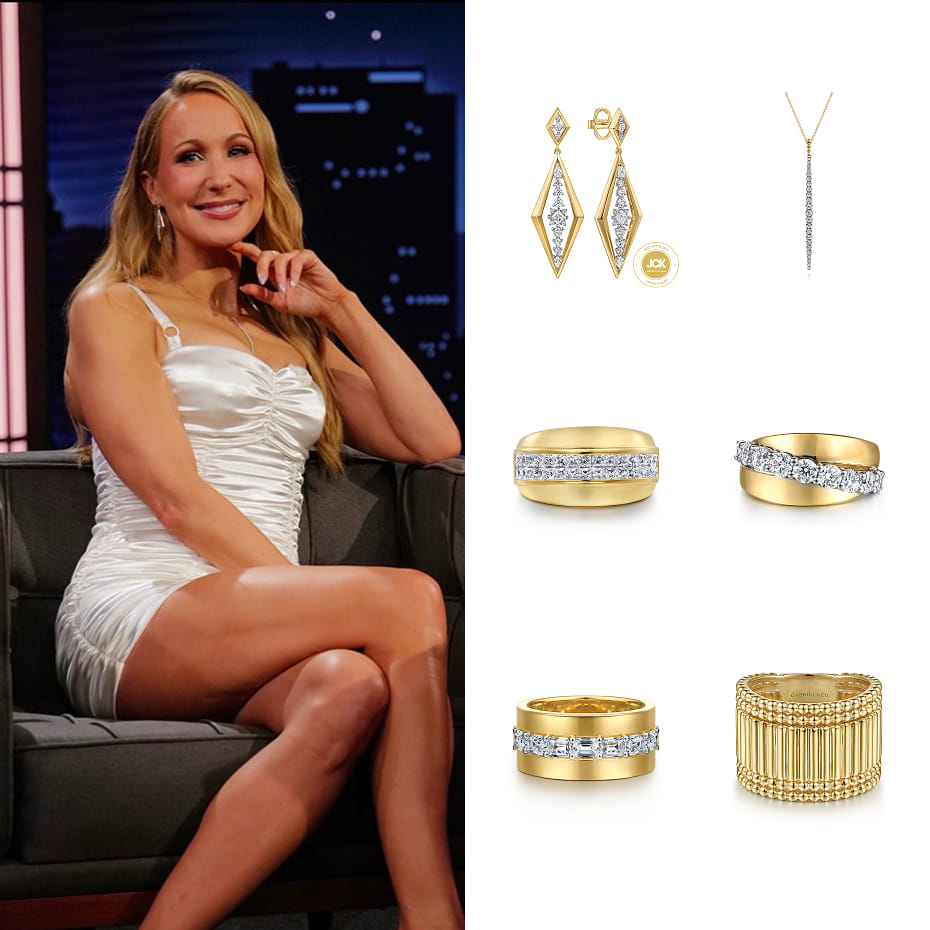 Nikki Glaser appeared on Jimmy Kimmel Live while promoting her role as host of this year’s Golden Globes, wearing Gabriel & Co. diamond jewelry in mixed 14K and 18K gold.