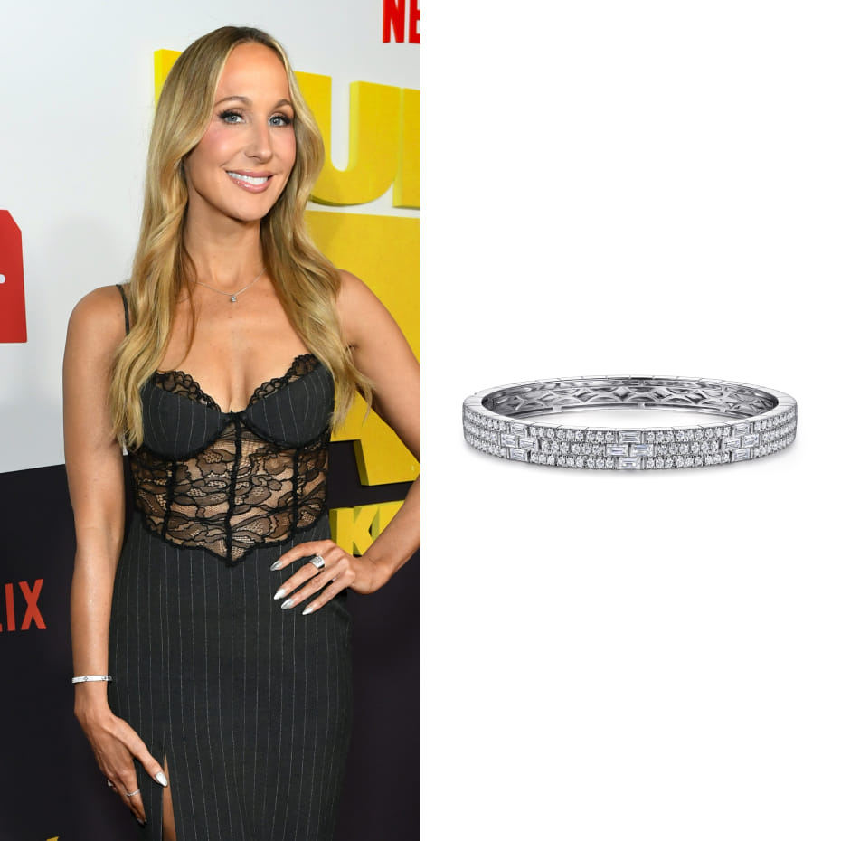 Nikki Glaser attended the finale of Netflix’s Funny AF with Kevin Hart, wearing a Gabriel & Co. diamond cuff bangle bracelet in white gold.