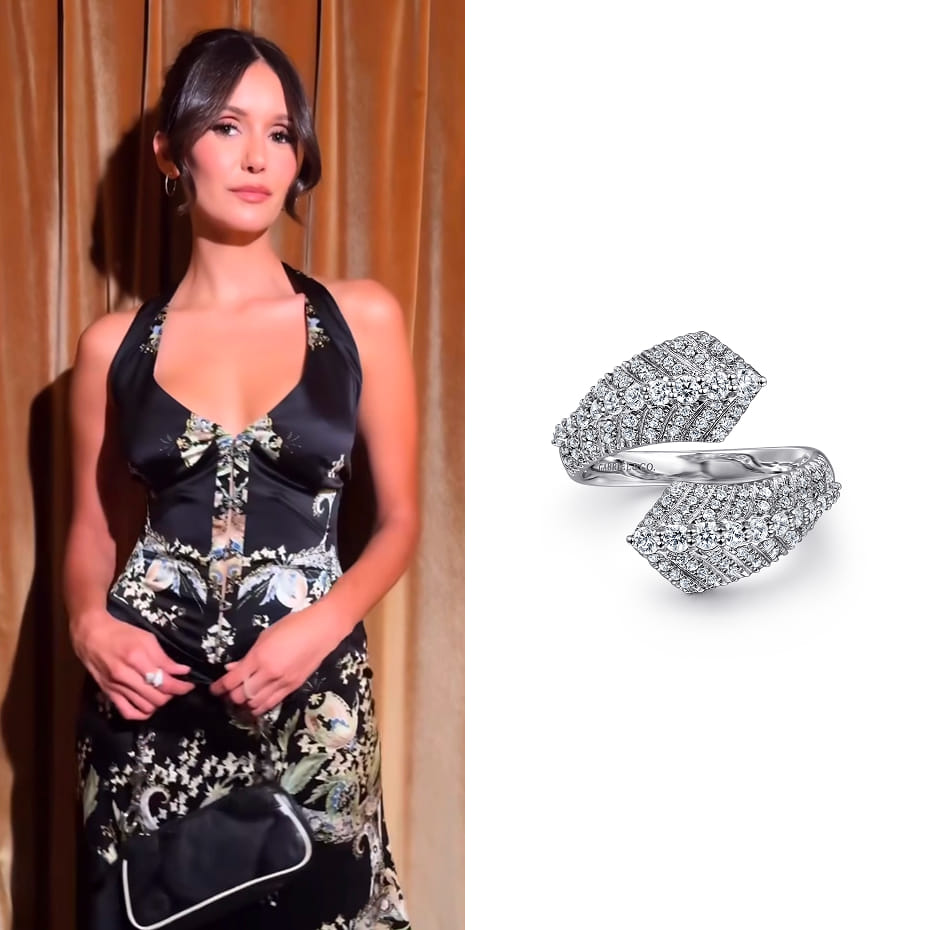 Actress Nina Dobrev posted an Instagram video wearing a Gabriel & Co. 14K White Gold Diamond Bypass Ring.
