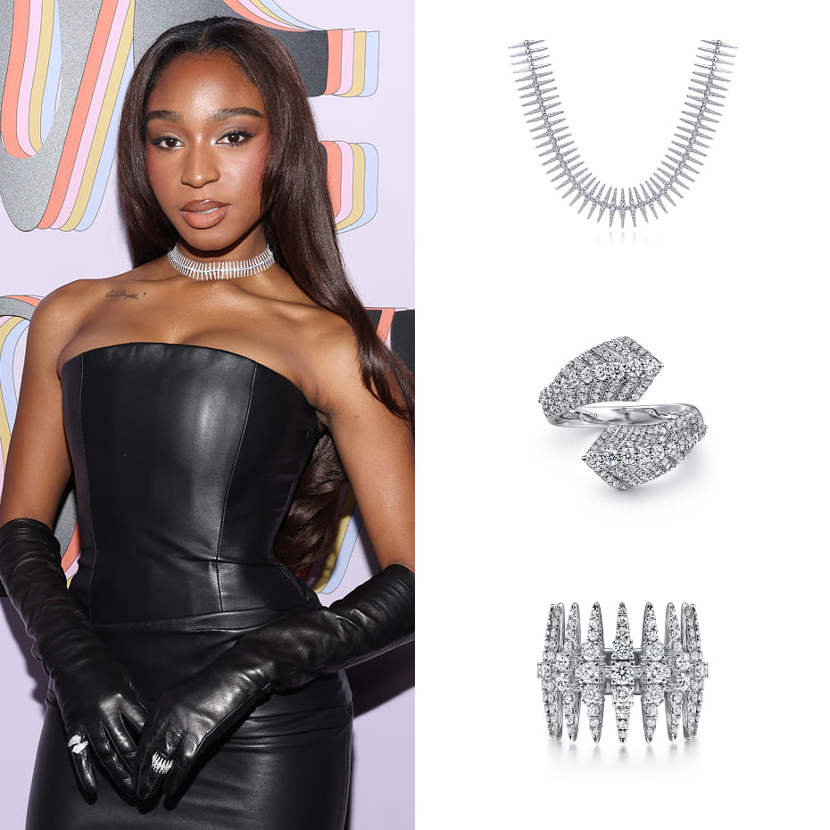 Normani attended and was honored at the 2025 Give Her FlowHERS Awards Gala presented by Femme It Forward, wearing Gabriel & Co. pieces in 18K White Gold and 14K White Gold.