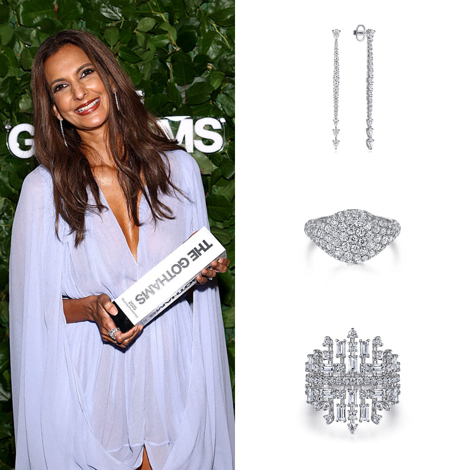Actress, Poorna Jagannathan, attended the 2025 Gotham Television Awards and posed with the award for Outstanding Supporting Performance in a Comedy Series wearing Gabriel & Co. earrings and rings.