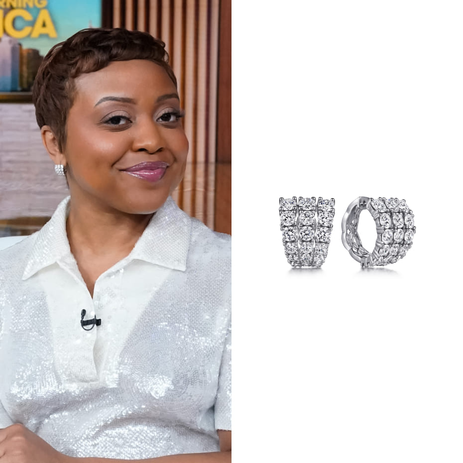 Quinta Brunson appeared on Good Morning America, wearing Gabriel & Co. diamond huggies in 18K White Gold.