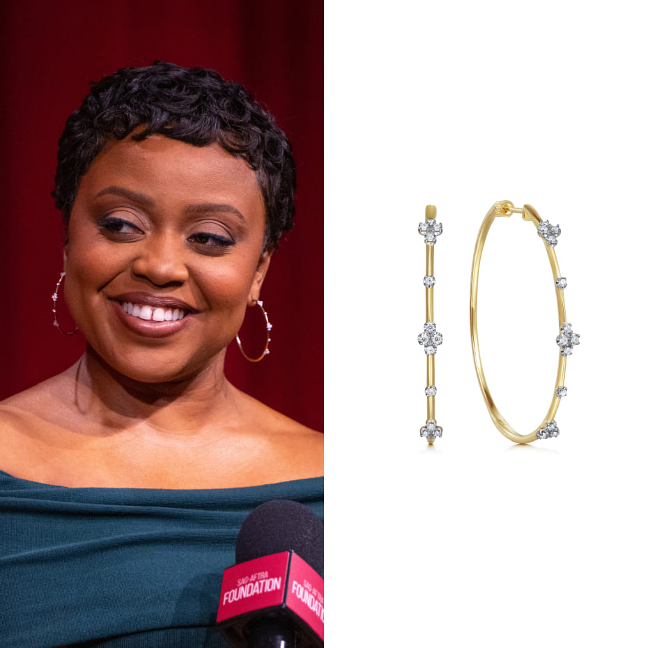 Quinta Brunson attended the SAG-AFTRA Foundation Conversations Presents Abbott Elementary event in Los Angeles, wearing Gabriel & Co. diamond hoop earrings in 14K Yellow Gold.