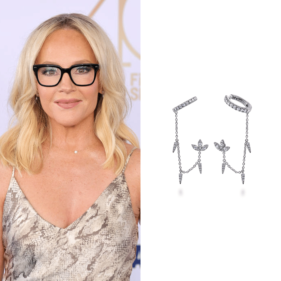 Actress, Rachael Harris, wearing Gabriel & Co. earrings to the 2025 Film Independent Spirit Awards