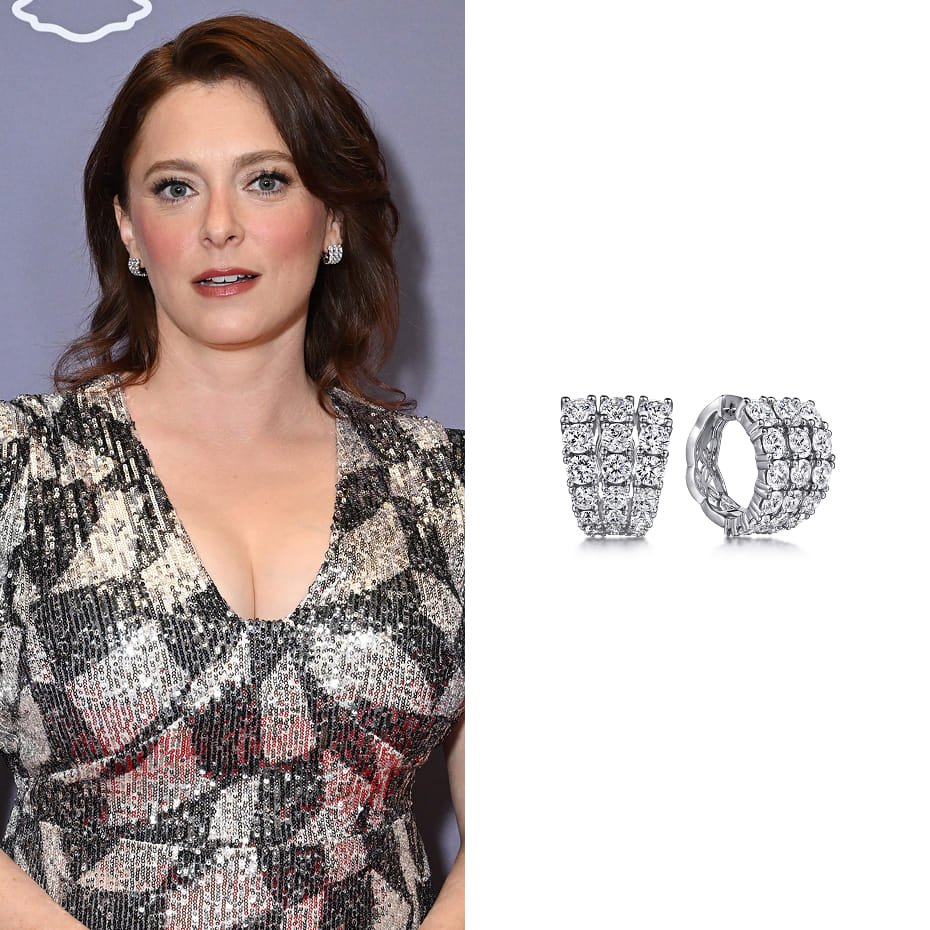Rachel Bloom attended the 2025 Clio Entertainment Awards wearing Gabriel & Co. 18K White Gold 15mm Diamond Huggies.