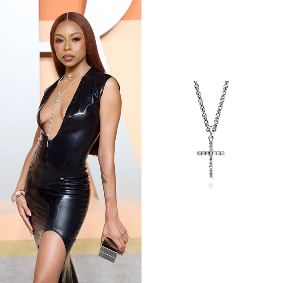 Singer, Ravyn Lenae, wearing a Gabriel & Co. necklace to the Vanity Fair Oscars Party