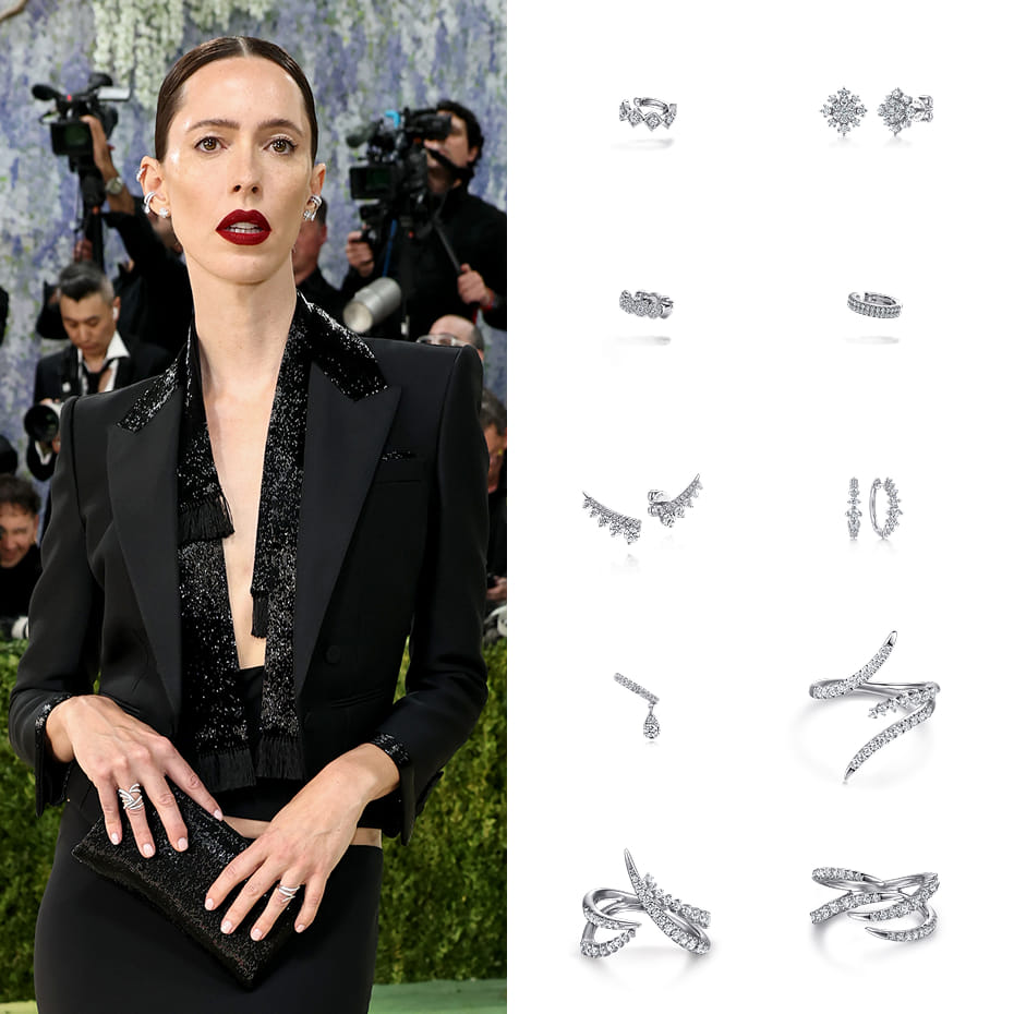 Rebecca Hall attended the 2026 Met Gala celebrating “Costume Art,” wearing Gabriel & Co. diamond stud earrings, ear climbers, ear cuffs, huggies, and multiple diamond bypass rings.