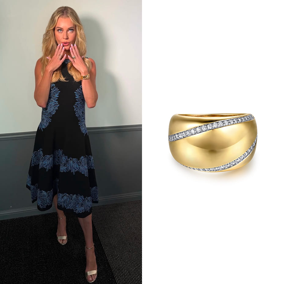 Rebecca Romijn wore Gabriel & Co.'s Soraya 14K Yellow Gold Diamond Wide Band Ring at 2026 Comic-Con International: San Diego.