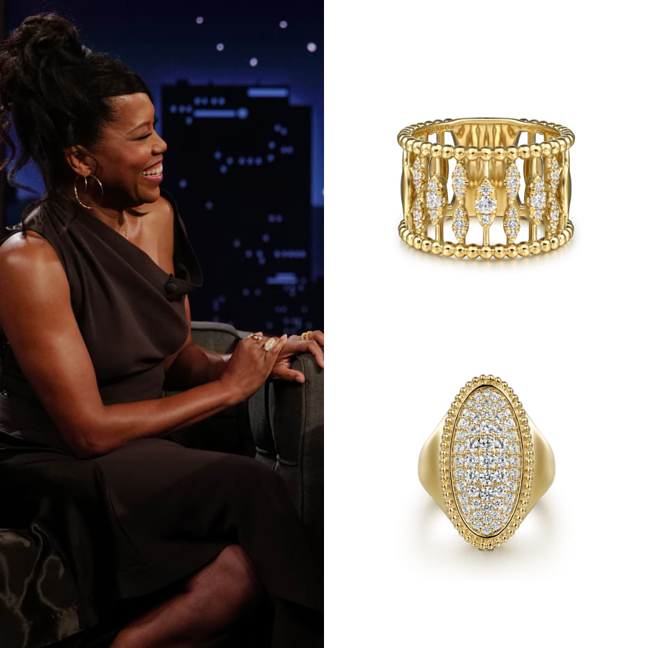 Actress Regina King made an appearance on Jimmy Kimmel Live to promote Caught Stealing wearing Gabriel & Co. rings in 14K Yellow Gold.
