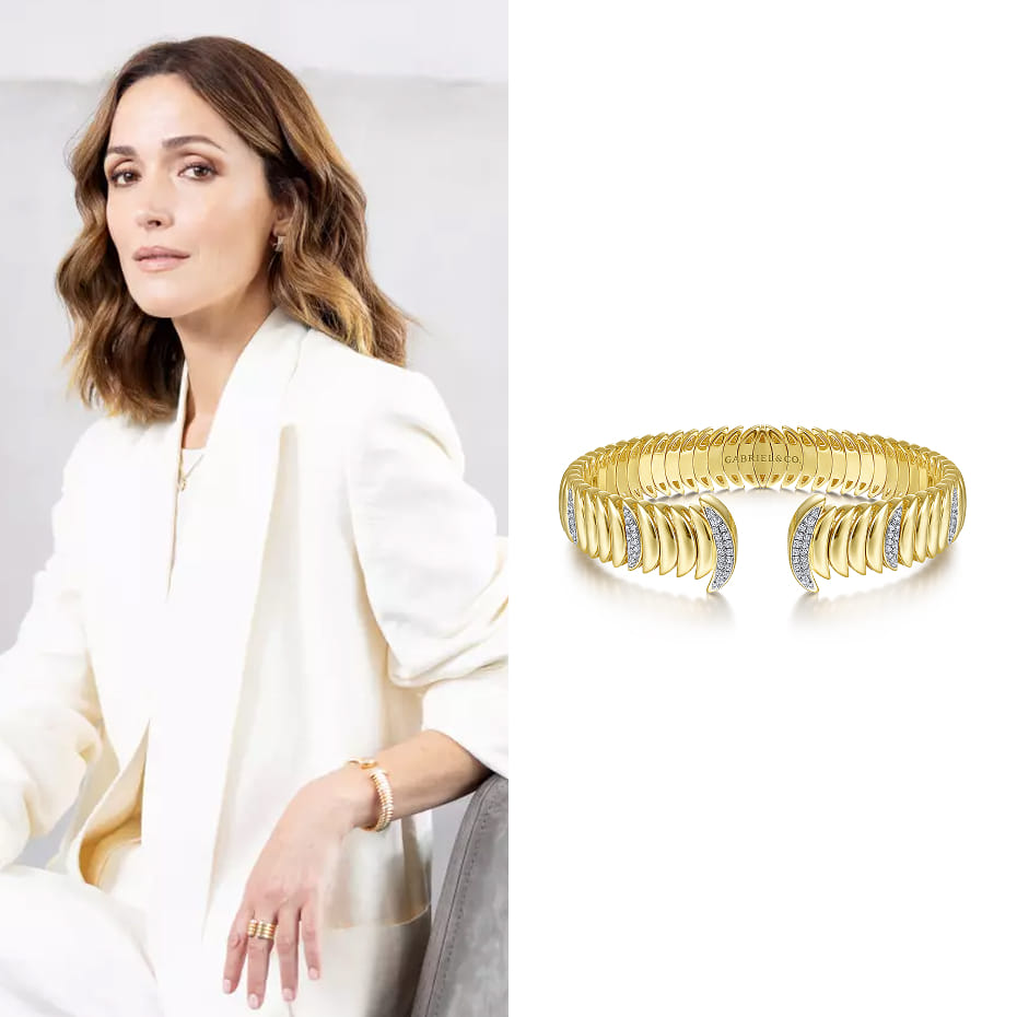 Actress Rose Byrne was featured on LAtimes.com for the story, “She’s used to finding laughs in catastrophe. But Rose Byrne is only now going to the edge,” wearing a Gabriel & Co. diamond cuff bracelet in 14K Yellow Gold.