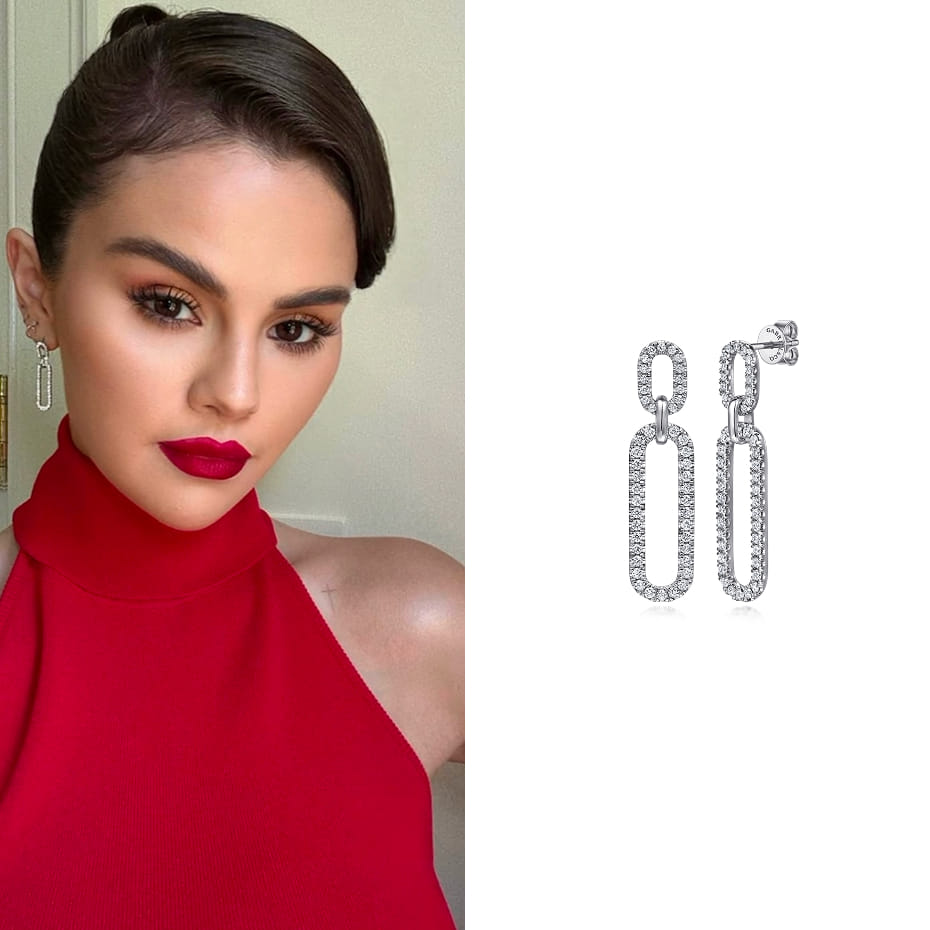 Selena Gomez attended a wedding wearing 14K White Gold Diamond Link Chain Drop Earrings.