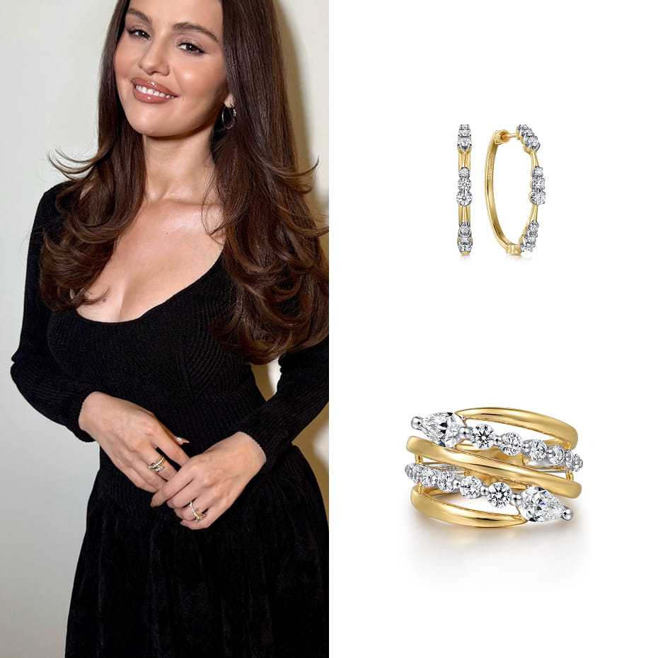 Selena Gomez, singer, actress, and founder of Rare Beauty, celebrated the launch of the new Positive Light Luminizing Lip Gloss at Nobu Malibu, wearing Gabriel & Co. 14K Yellow Gold Graduated Diamond Station Round Classic 30mm Hoop Earrings and an 18K Whi
