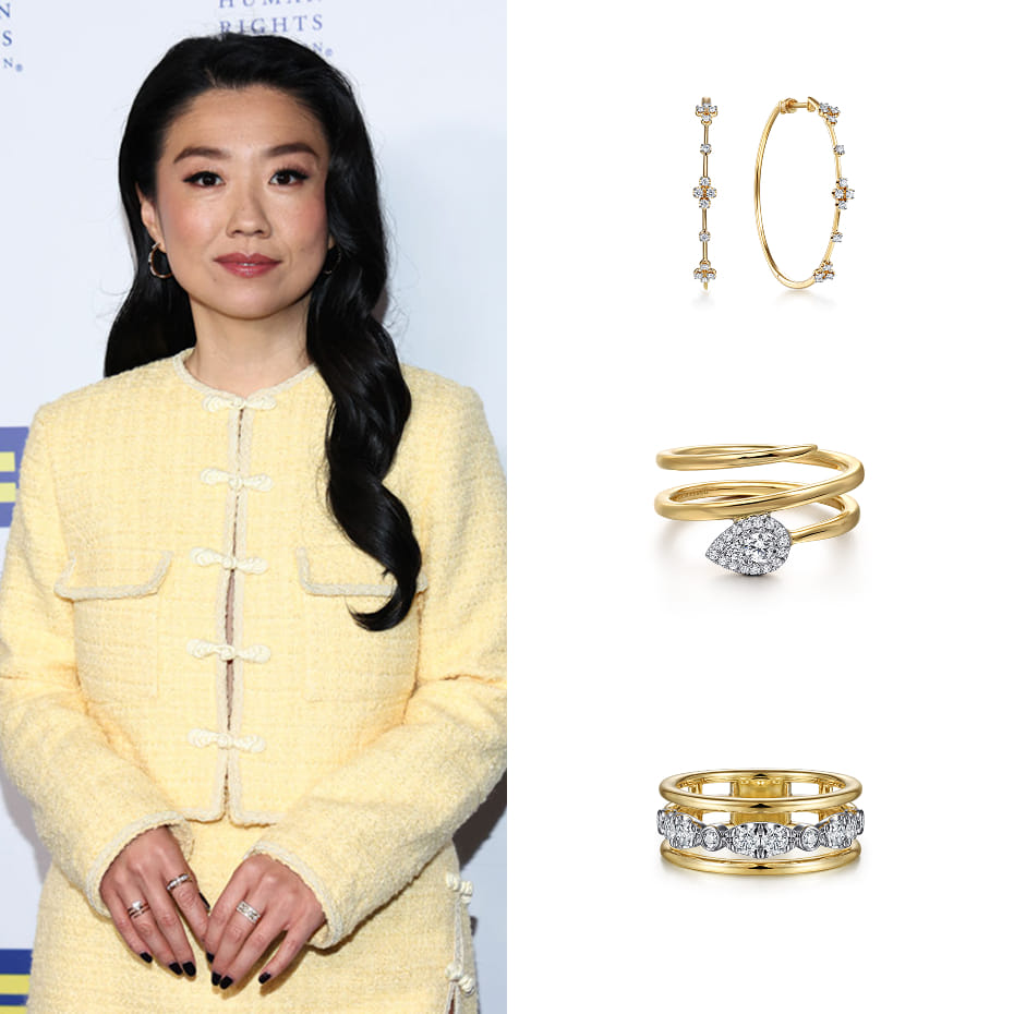 Actress, Sherry Cola, wearing Gabriel & Co. earrings and rings to the Human Rights Campaign's 2025 LA Dinner