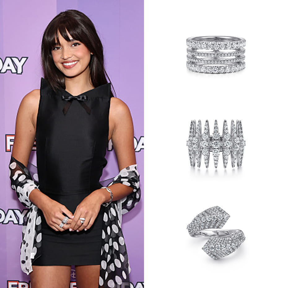Actress Sophia Hammons attended the Freakier Friday New York Special Screening wearing Gabriel & Co. diamond rings in 14K and 18K White Gold.