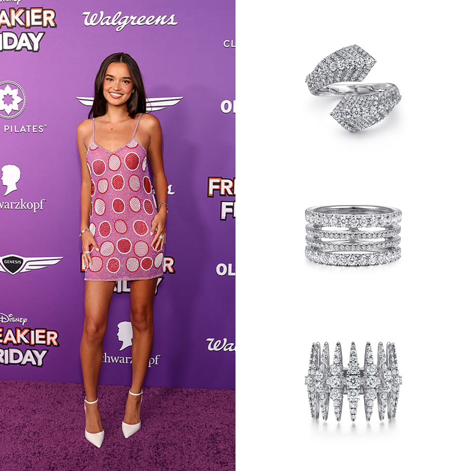 Actress Sophia Hammons attended the premiere of Disney’s Freakier Friday wearing Gabriel & Co. diamond rings in 14K and 18K White Gold. 