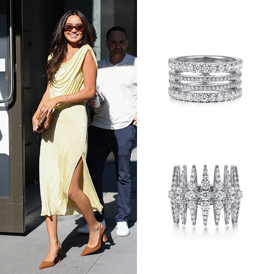 Actress Sophia Hammons had a press day for Freakier Friday wearing Gabriel & Co. diamond rings in 14K and 18K White Gold on 