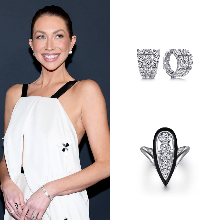 Stassi Schroeder attended the 2026 WWD Style Awards wearing Gabriel & Co. diamond huggies and a chevron ring in white gold.