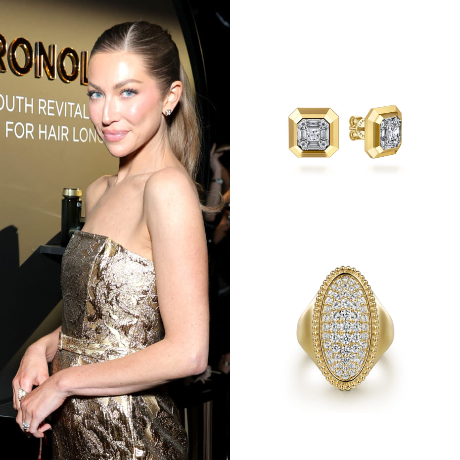 Stassi Schroeder Clark attended Kérastase and Demi Moore present Power Talks and the launch of Chronologiste in Los Angeles, wearing Gabriel & Co. diamond studs and a Bujukan signet ring in 14K Yellow Gold.