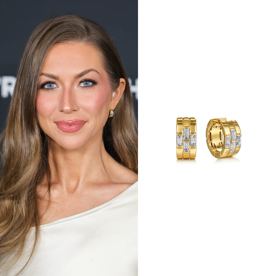 Stassi Schroeder attended the 20th Anniversary of L'Oréal Paris Women of Worth in LA, wearing Gabriel & Co. 18K Yellow Gold Diamond Huggie Earrings.