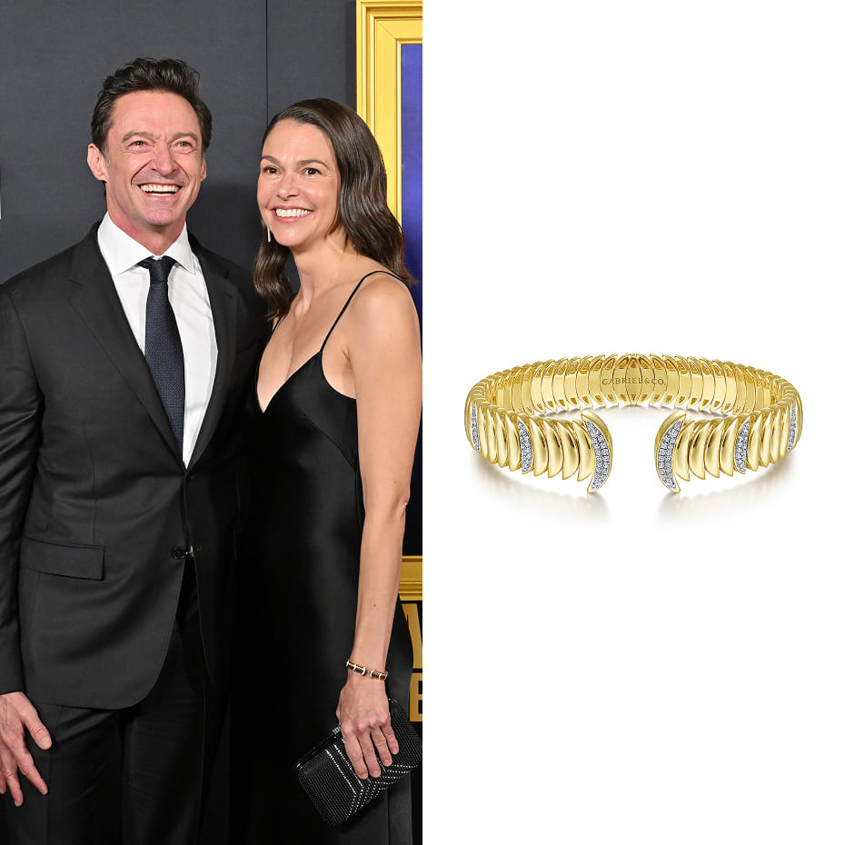 Sutton Foster attended the AFI Fest 2025 Closing Night Premiere of Song Sung Blue in Los Angeles, wearing the 14K Yellow Gold Crescent Moon Open Cuff Bracelet with Diamond Pavé Stations.