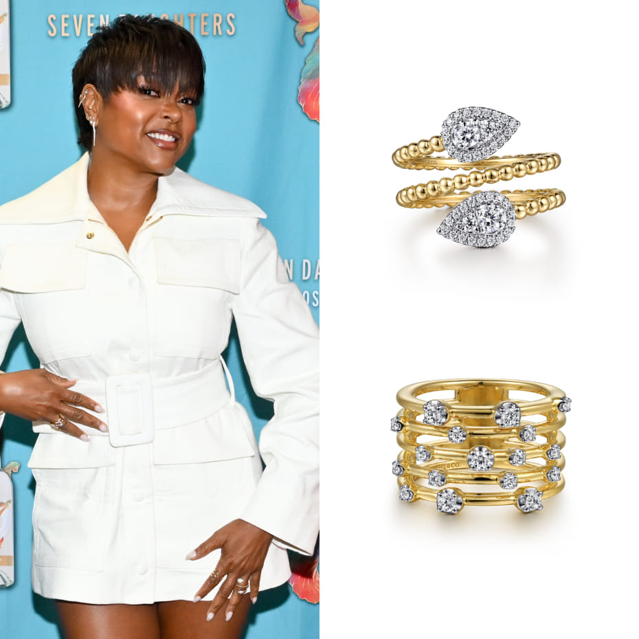 Actress Taraji P. Henson attended the Taraji P. Henson x Seven Daughters Wines Meet & Greet at Vons in Los Angeles wearing Gabriel & Co. diamond rings in 14K Yellow and White-Yellow Gold.