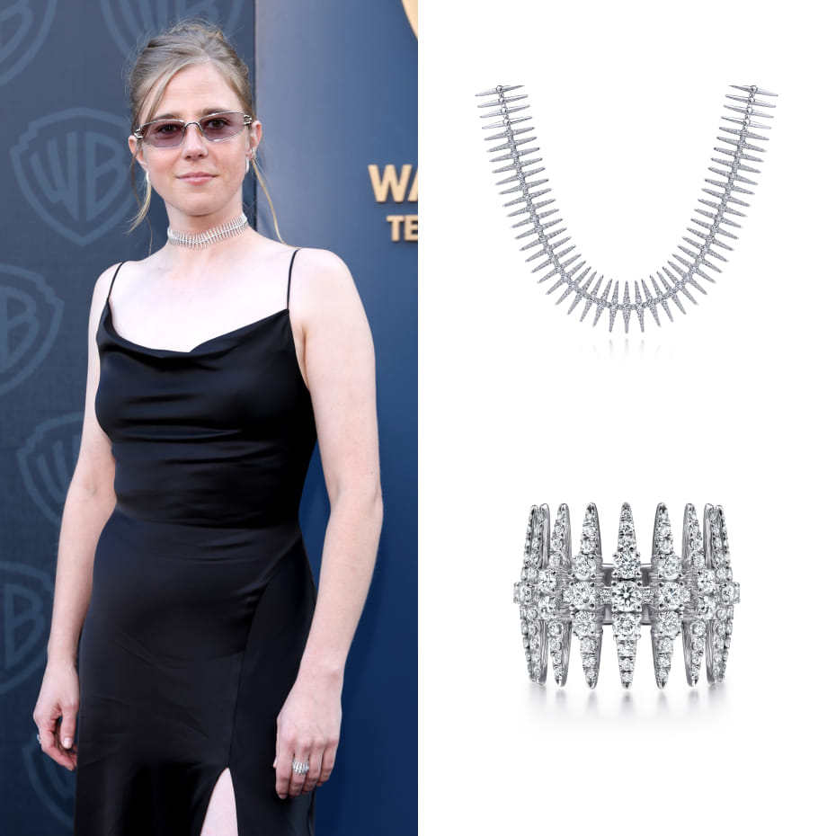 Actress Taylor Dearden wore the Gabriel & Co. 18K White Gold Pave Diamond Spike Statement Necklace to the  77th Primetime Emmy Awards Nominees Celebration.
