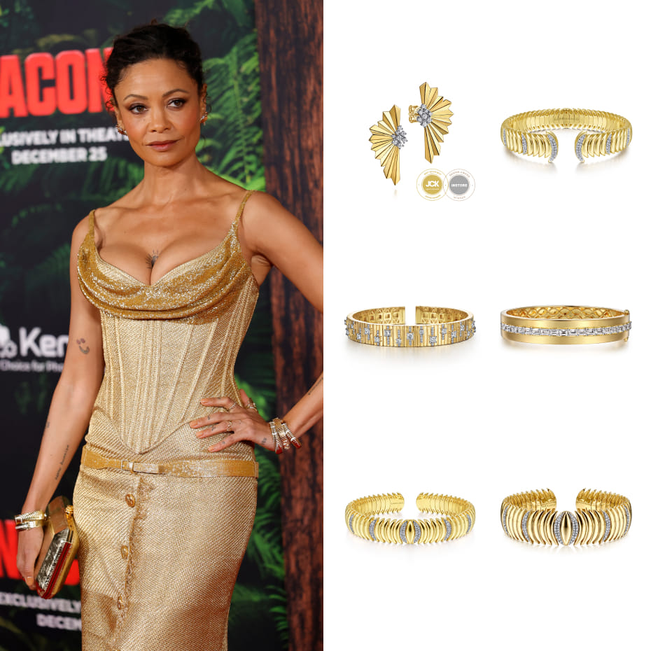 Actress Thandiwe Newton attended the Los Angeles premiere of Anaconda, wearing a full Gabriel & Co. bracelet stack and diamond stud earrings.
