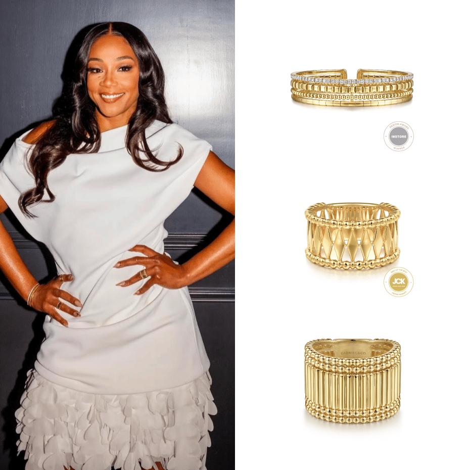 Actress Tiffany Haddish guest hosted her final episode of Jimmy Kimmel Live wearing Gabriel & Co. Bujukan diamond bangle and rings in 14K Yellow Gold.