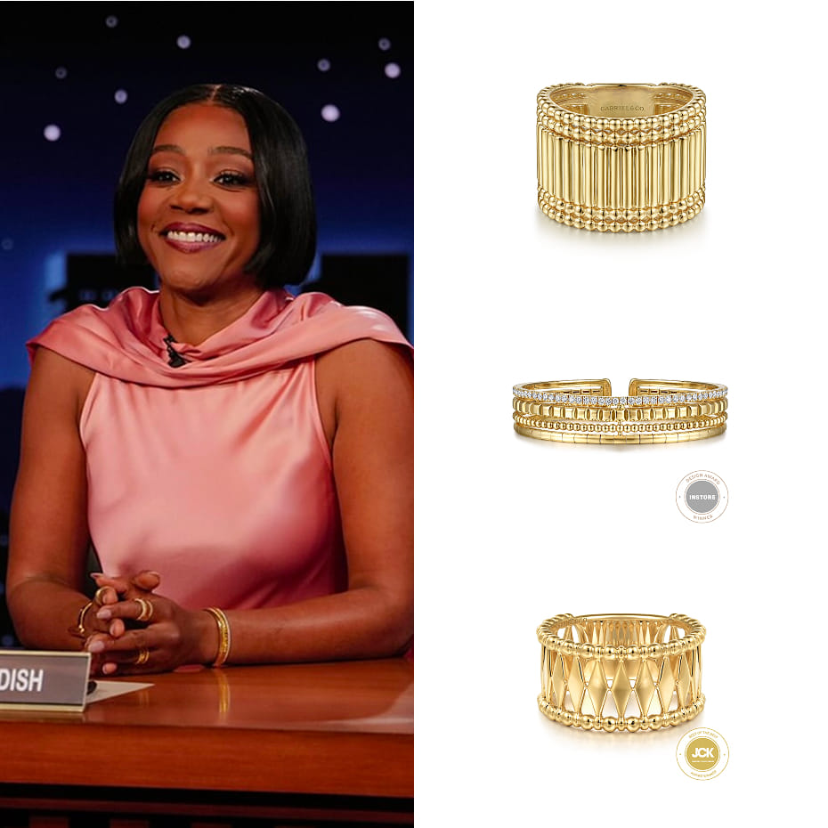 Actress Tiffany Haddish guest hosted an episode of Jimmy Kimmel Live wearing Gabriel & Co. Bujukan diamond bangles and rings in 14K Yellow Gold.