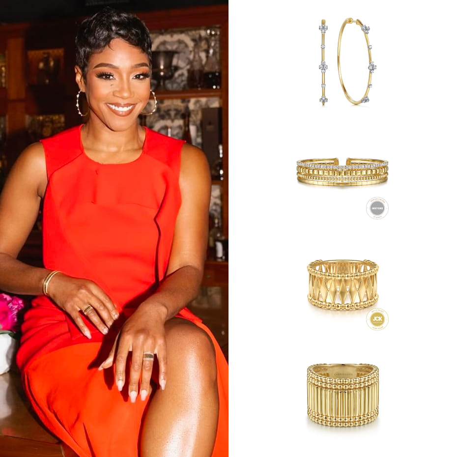 Actress Tiffany Haddish guest hosted another episode of Jimmy Kimmel Live wearing Gabriel & Co. diamond hoops, bangles, and rings in 14K Yellow Gold.