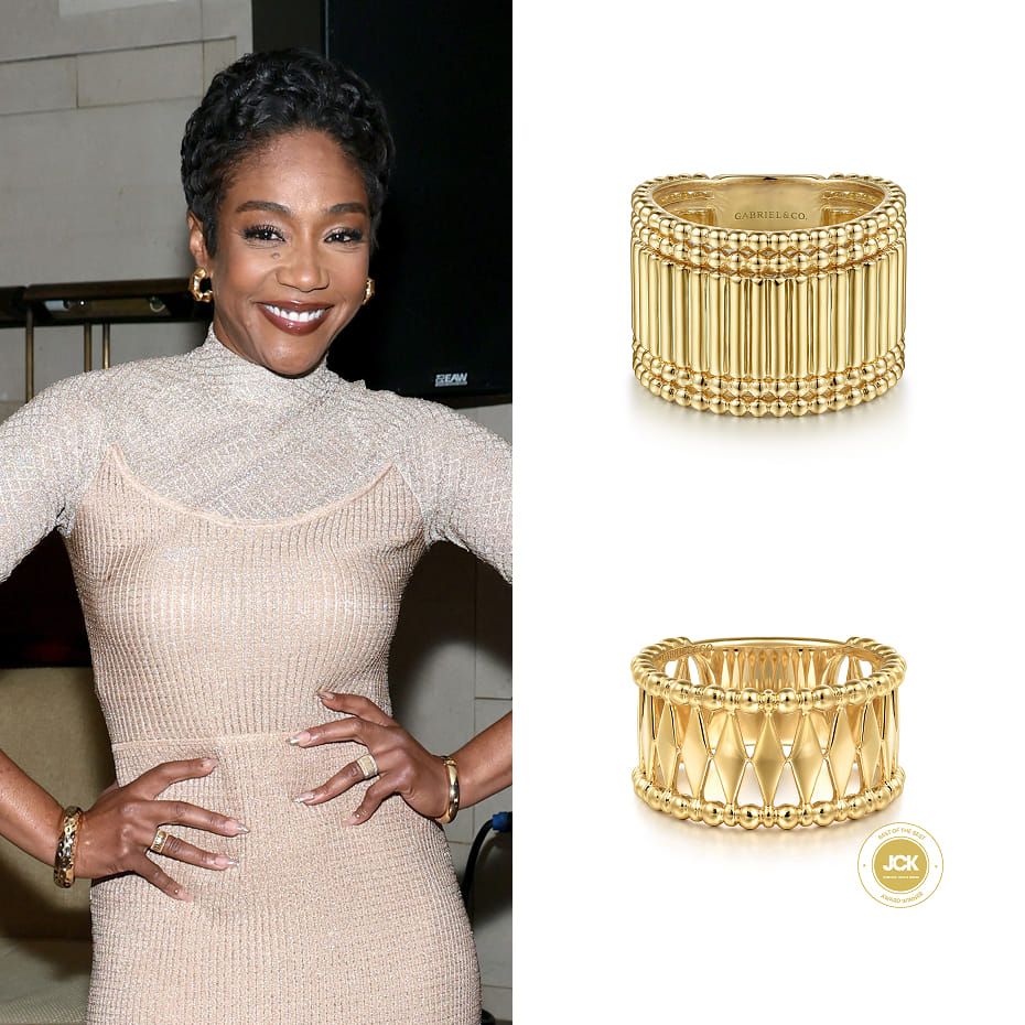 Actress Tiffany Haddish attended A Toast To Hollywood Royalty: Celebrating Regina King wearing Gabriel & Co. Bujukan rings in 14K Yellow Gold.