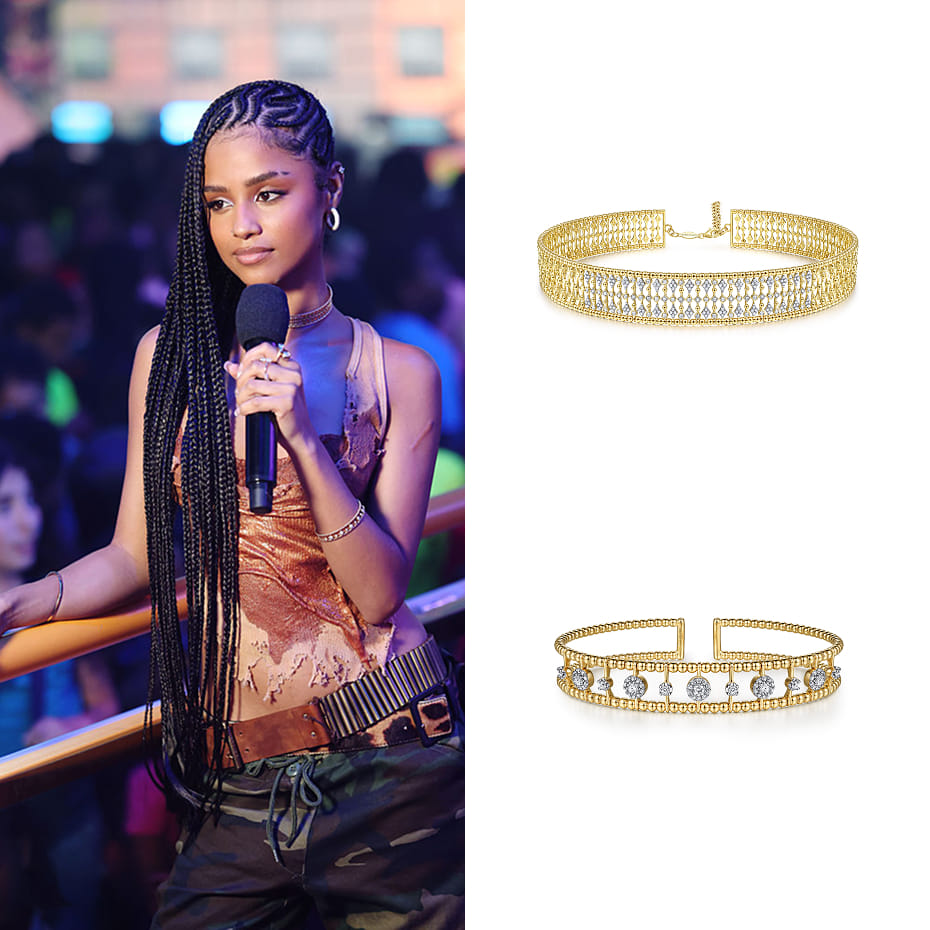 Singer Tyla hosted the 2025 Kids' Choice Awards wearing a Gabriel & Co. Bujukan necklace and bangle.