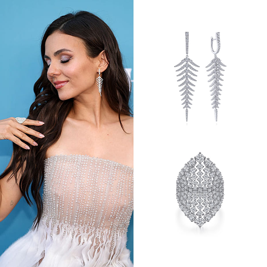 Actress, Victoria Justice, wearing Gabriel & Co. earrings and ring to the 2025 Billboard Women in Music