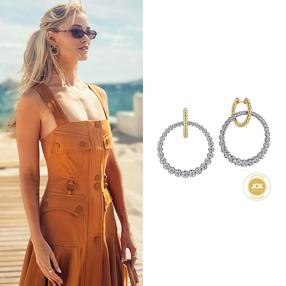 Virginia Gardner attended the 2026 Cannes Film Festival, wearing Gabriel & Co. Bujukan diamond circle huggies in mixed gold.