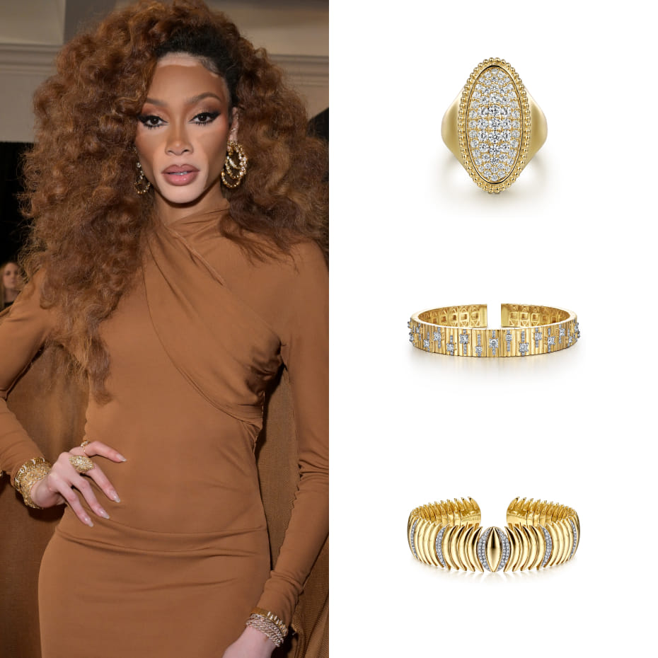 Model Winnie Harlow attended the 68th GRAMMY Awards Pre-GRAMMY Gala & GRAMMY Salute to Industry Icons, wearing Gabriel & Co. diamond bracelets and a signet ring in yellow gold.