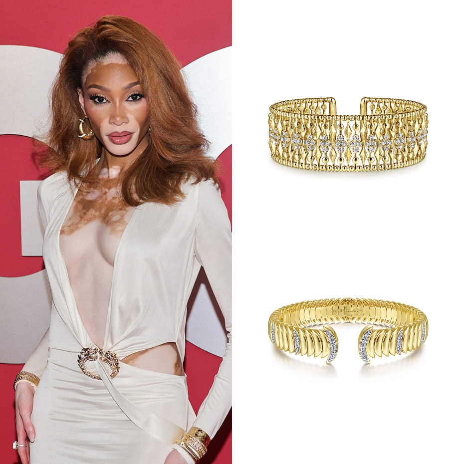 Model Winnie Harlow attended the 2025 GQ Men of the Year event in Los Angeles wearing Gabriel & Co. diamond and Bujukan bracelets in 14K Yellow Gold.