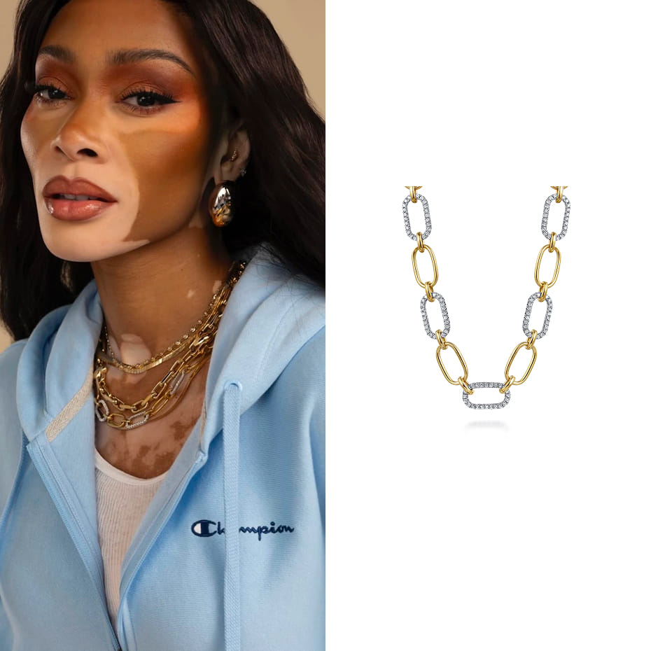 Model Winnie Harlow wore a Gabriel & Co. 14K Yellow-White Chain Necklace with Diamond Link Stations for the new Champion “Champions for Champion” campaign.