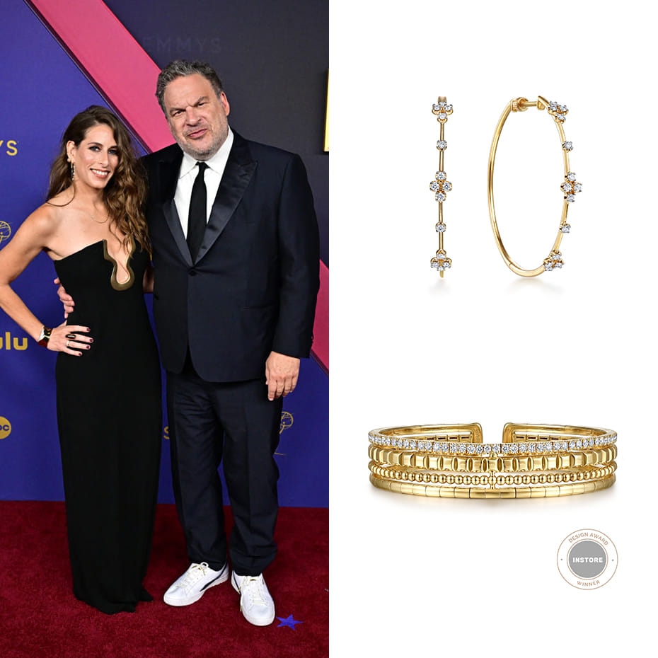 Sari Garlin wearing Gabriel & Co. earrings and bracelet to the Emmys 