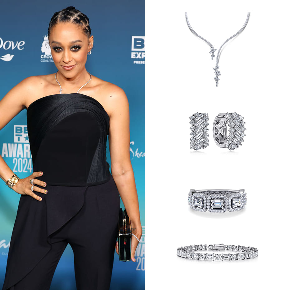 Actress, Tia Mowry, wearing a Gabriel & Co. ring, bracelet, necklace, and earrings