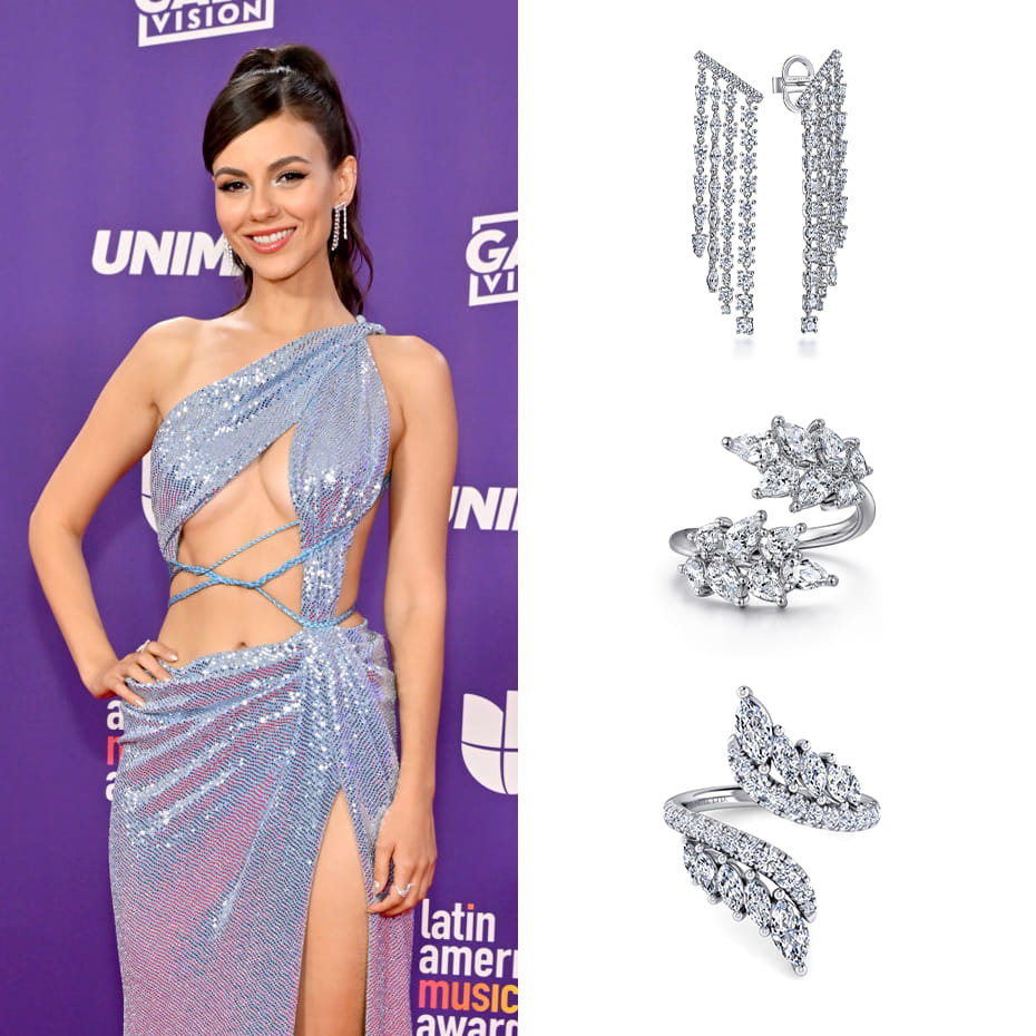 Actress, Victoria Justice, wearing Gabriel & Co. earrings and rings.