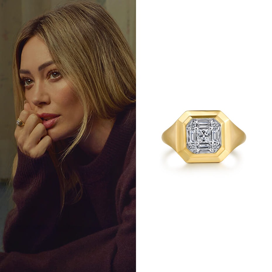 Actress Hilary Duff wore a Gabriel & Co. 14K Yellow Gold Geometric Baguette Diamond Signet Ring for the announcement of The Lucky Me Tour.