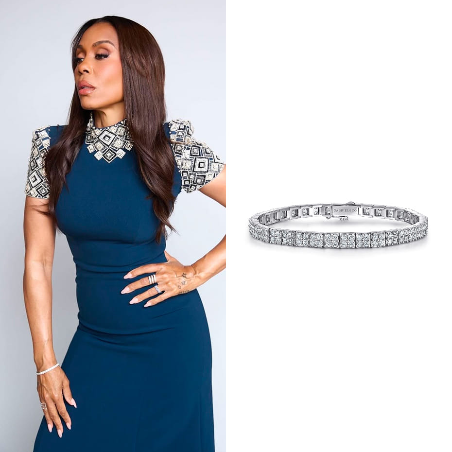 Actress Karen Pittman attended the 2026 Producers Guild Awards, wearing a Gabriel & Co. 14K White Gold Diamond Tennis Bracelet.